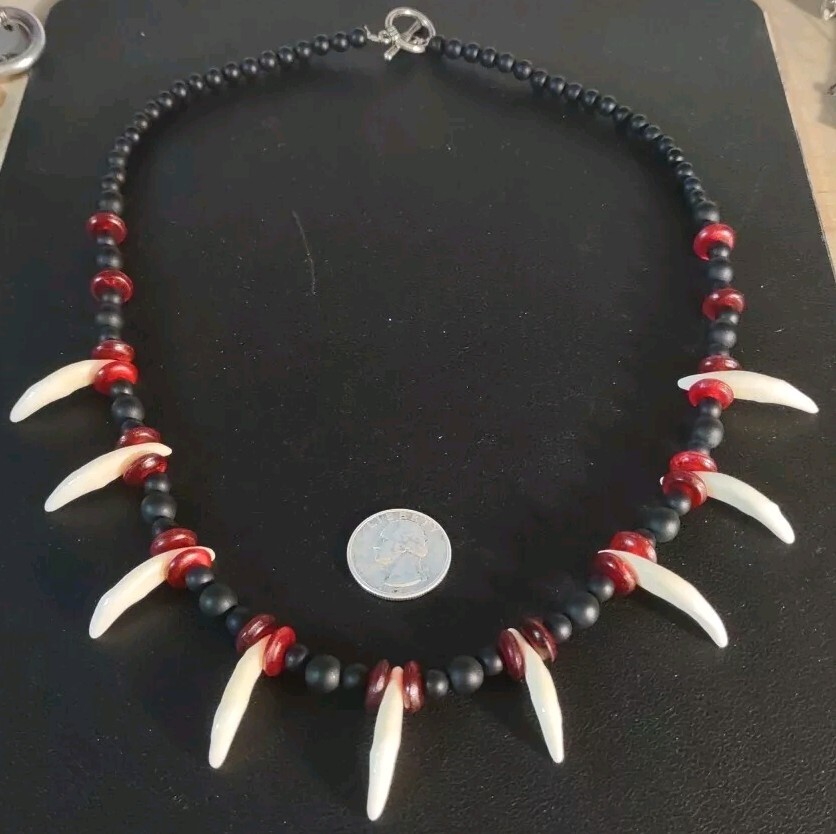 Modern 25″ Genuine Coyote Tooth Teeth, Onyx, Horn Necklace Handmade Artisanal