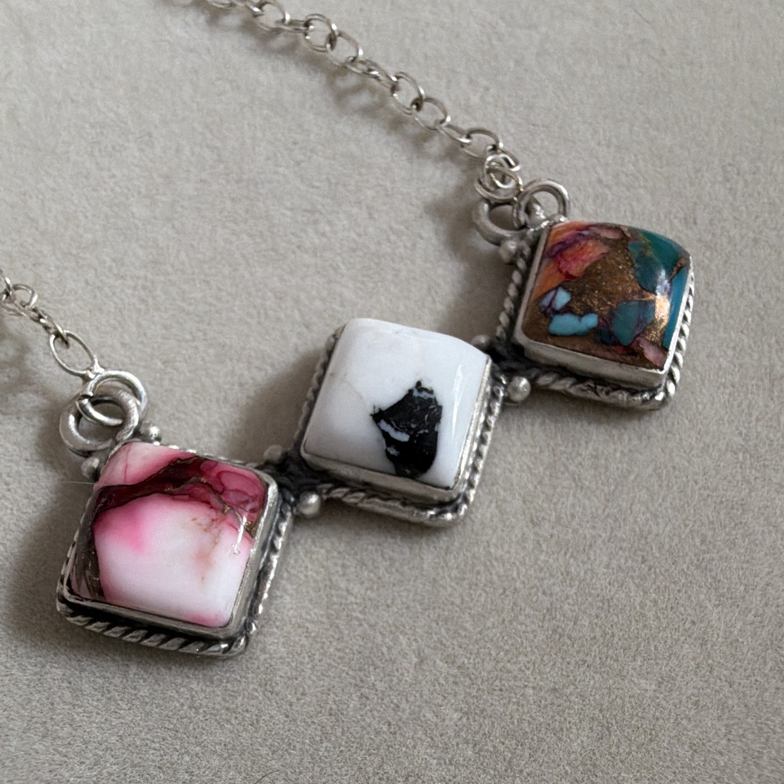 Sterling 925 three stone necklace. pink dahlia, white buffalo, orange spiny. 18”
