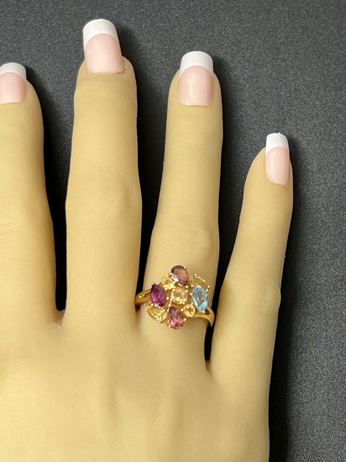 9ct Yellow Gold Ring Amethyst Topaz Garnet Sapphire Multi Gemstone 3.8g Stamped