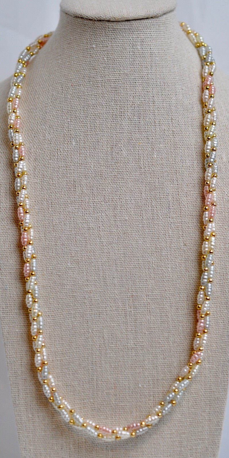 Necklace Color White Gold Pink Beaded 12” Long with Gold Tone Clasp