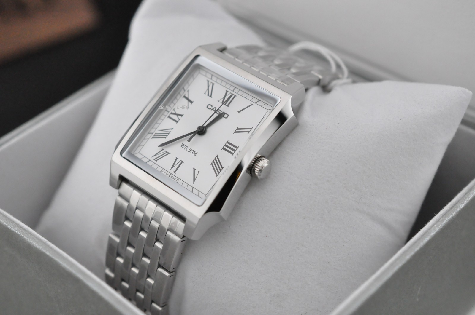 Casio MTP-B190D-7B Mens TANK Quartz Watch Silver Dial Stainless Steel
