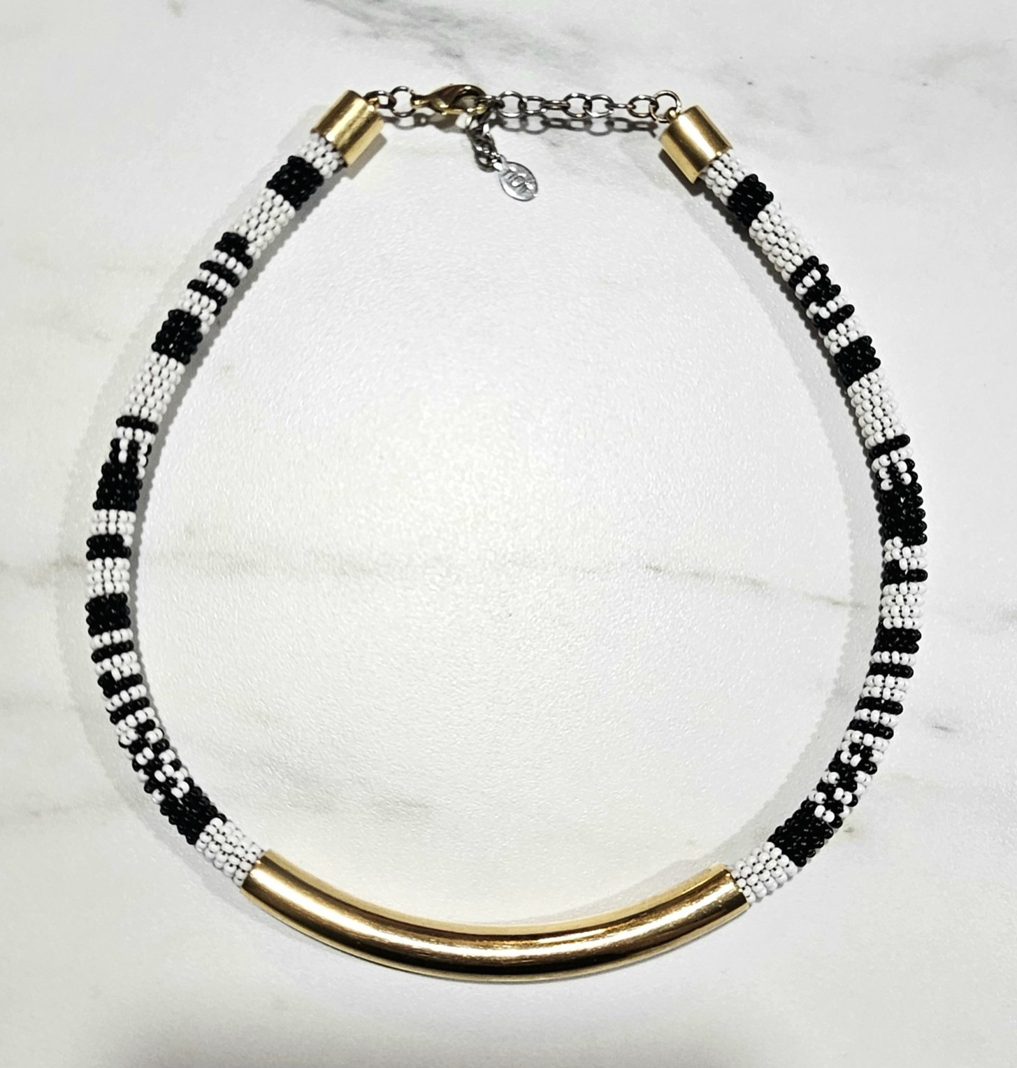 African Inspired Beaded Black & White Necklace With Gold Tone Tube Bar