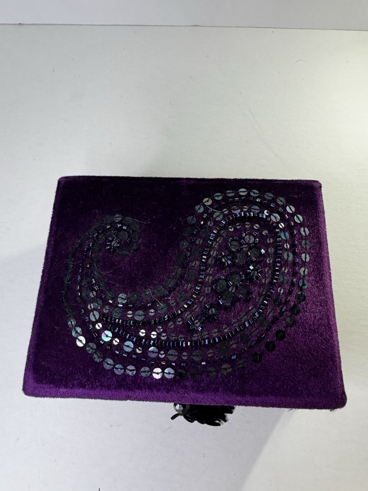 Vintage Purple Velvet Jewelry Box Mirror Drawer Ring Organizer Beaded Decor