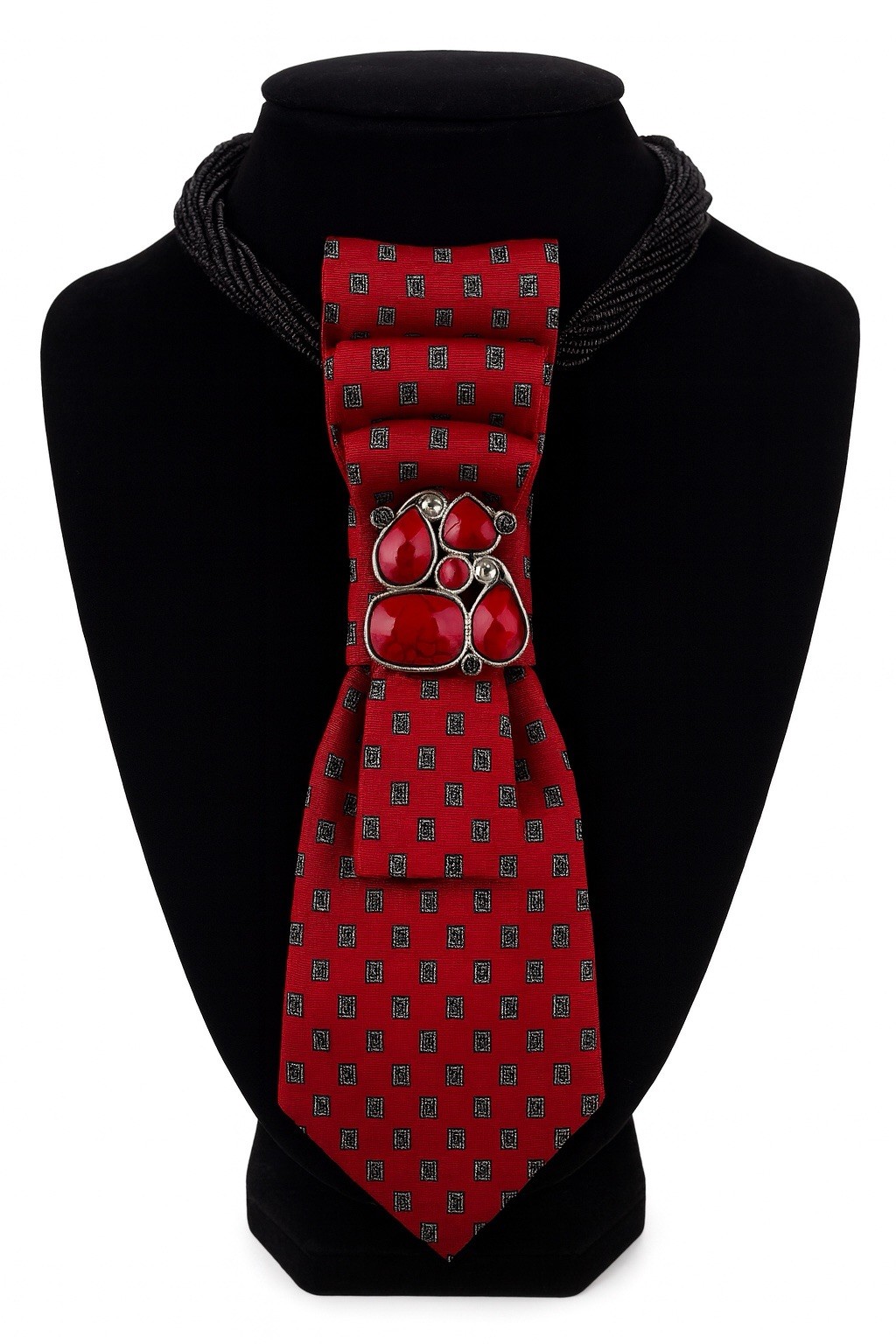 Handcrafted Black Red Neck Tie Necklace Women’s One-of-a-Kind Design
