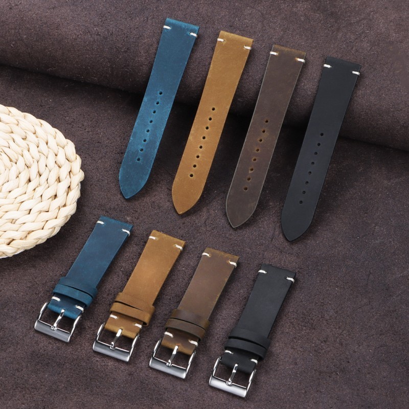Retro Crazy Horse Genuine Leather Watch Straps Mens Solid Buckle Band 18/20/22mm