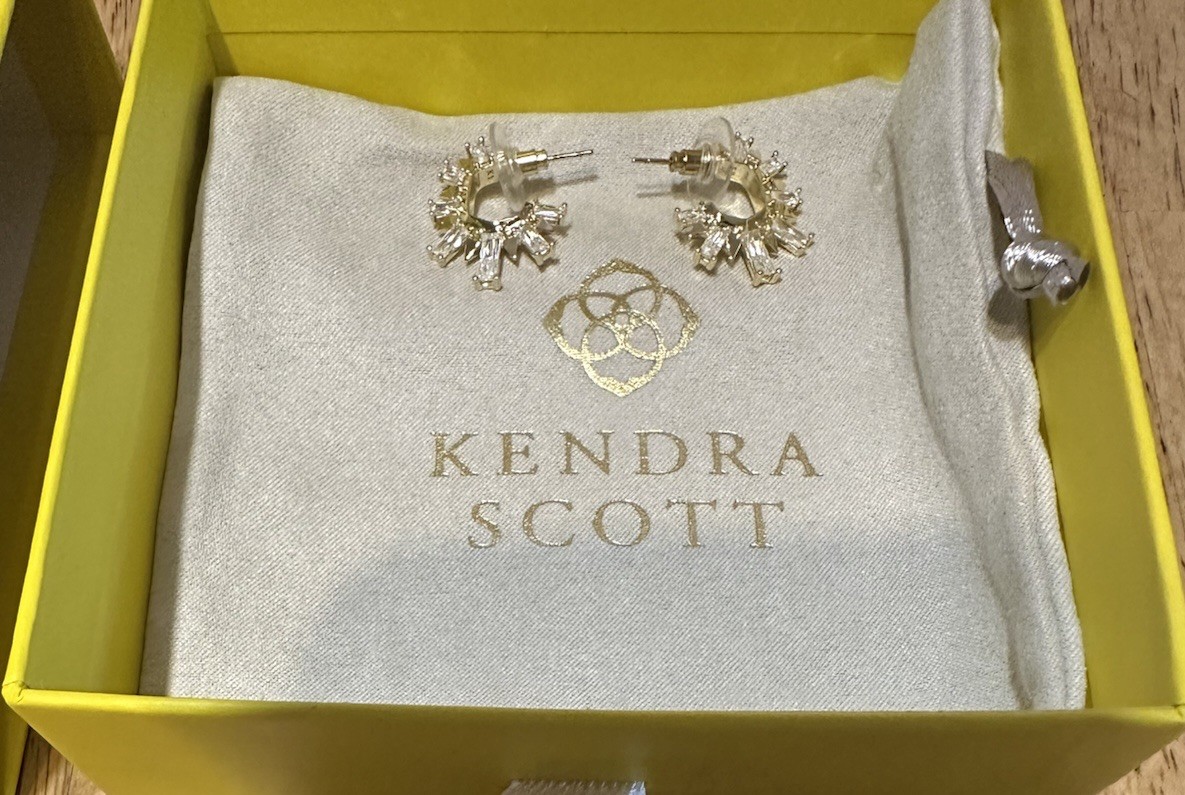 Kendra Scott 14K Gold Over Brass Crystal Hoop Stud Earrings Clear Baguette