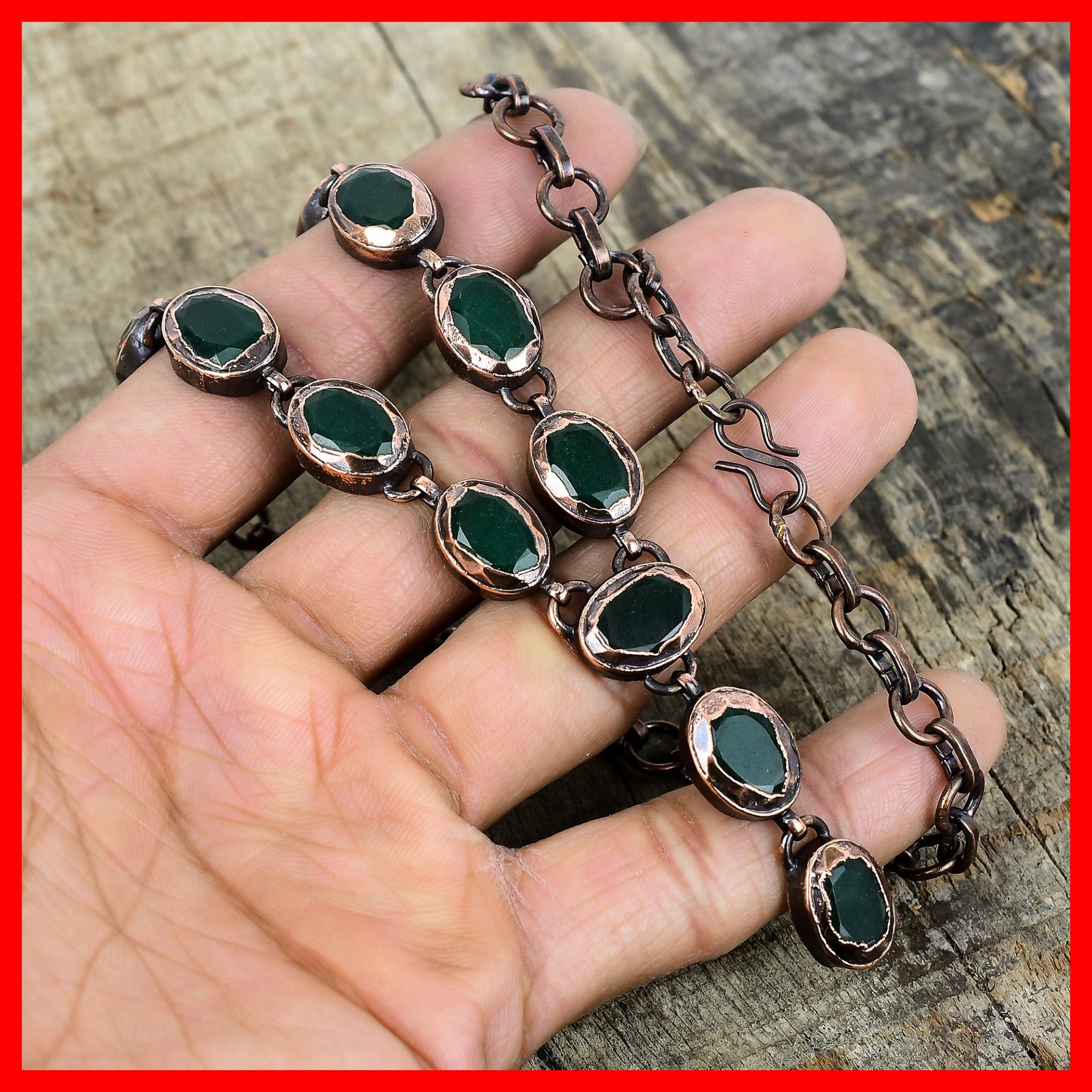 Oval Natural Zambian Emrald Copper Electroformed Chain Art Deco Elegant Necklace