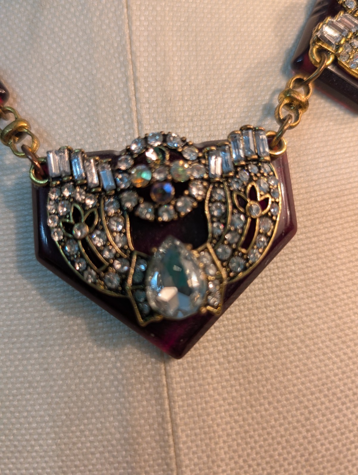 Stunning Necklace With 3 Dark Amber Pendants W/Large Sparkling Rhinestones