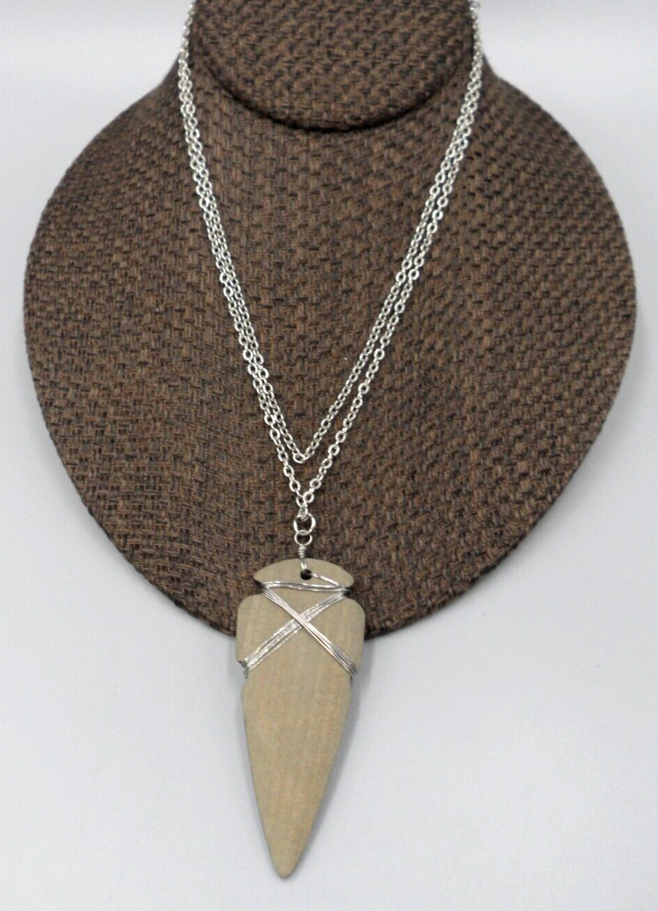 Vintage Arrowhead Pendant Necklace Wire Wrapped Wood Spear Tip Fancy Cable Chain