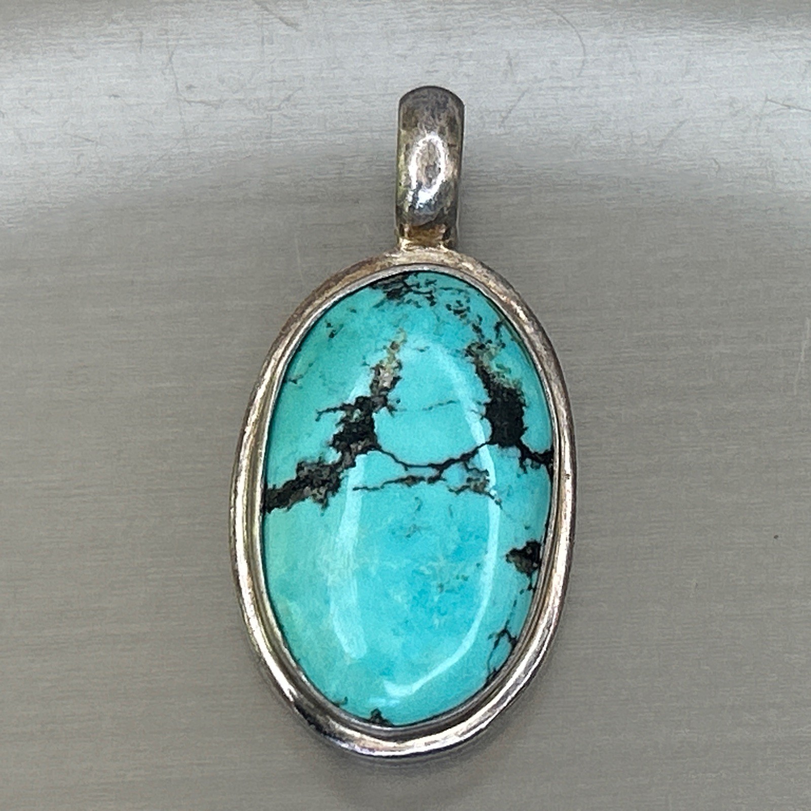Vintage Turquoise Silver Oval Pendant 1 1/2″ x 3/4″ 13G