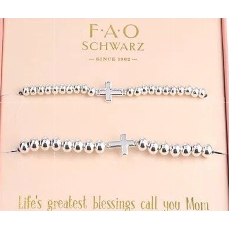 Silver Plated Mom Daughter Bracelet (2 Piece Set) Beaded Cross Gift For Mom NEW