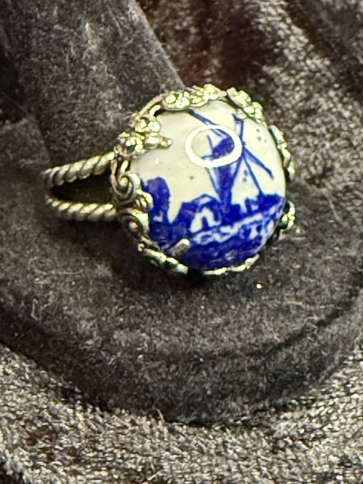 Silver Toned Adjustable Ring Blue Delft Style Windmill