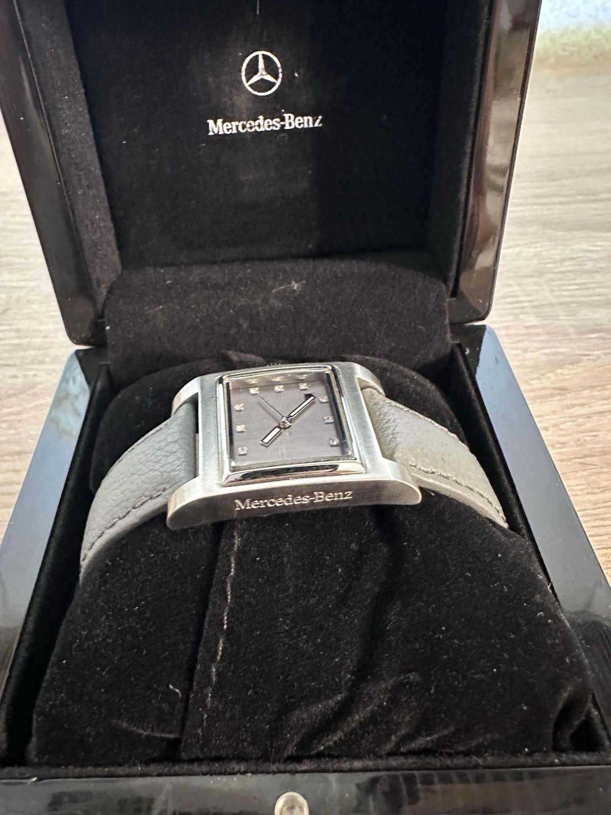 Mercedes-Benz Quartz Rectangle Blue Dial Diamond Markers Gray Leather Watch Box