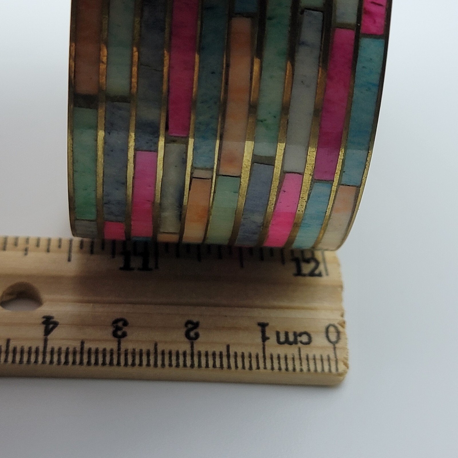 Vintage Style Wide Brass Mosaic Inlay Cuff Bracelet Made In India 8.25 in