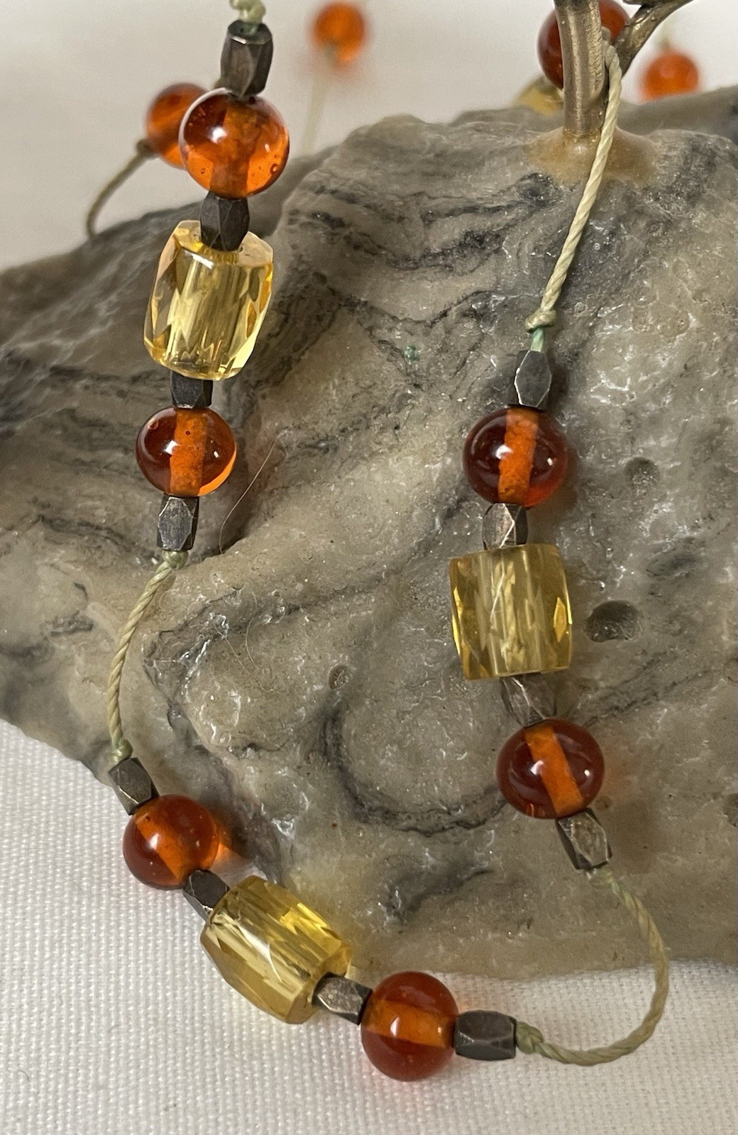 Vtg Amber Citrine Beaded Necklace 19” 925 Sterling Silver Clasp Nylon Cord 12.8g