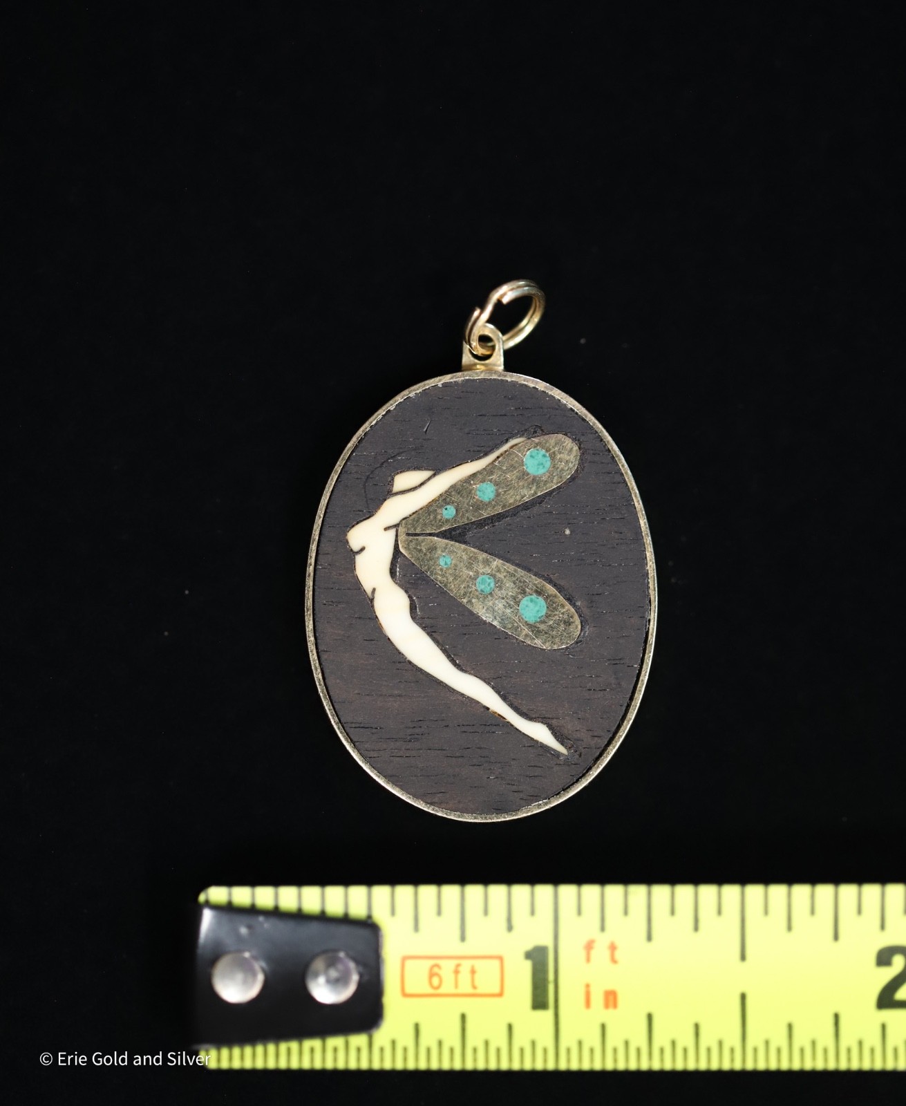 14K YG Pietra Dura Angel Fairy Wood + Turquoise Inlay Pendant – Handmade