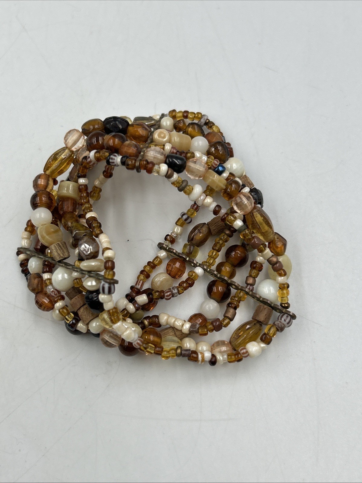 brass & brown seed bead pebble chip memory Stretch cuff bracelet 1.75″ wide