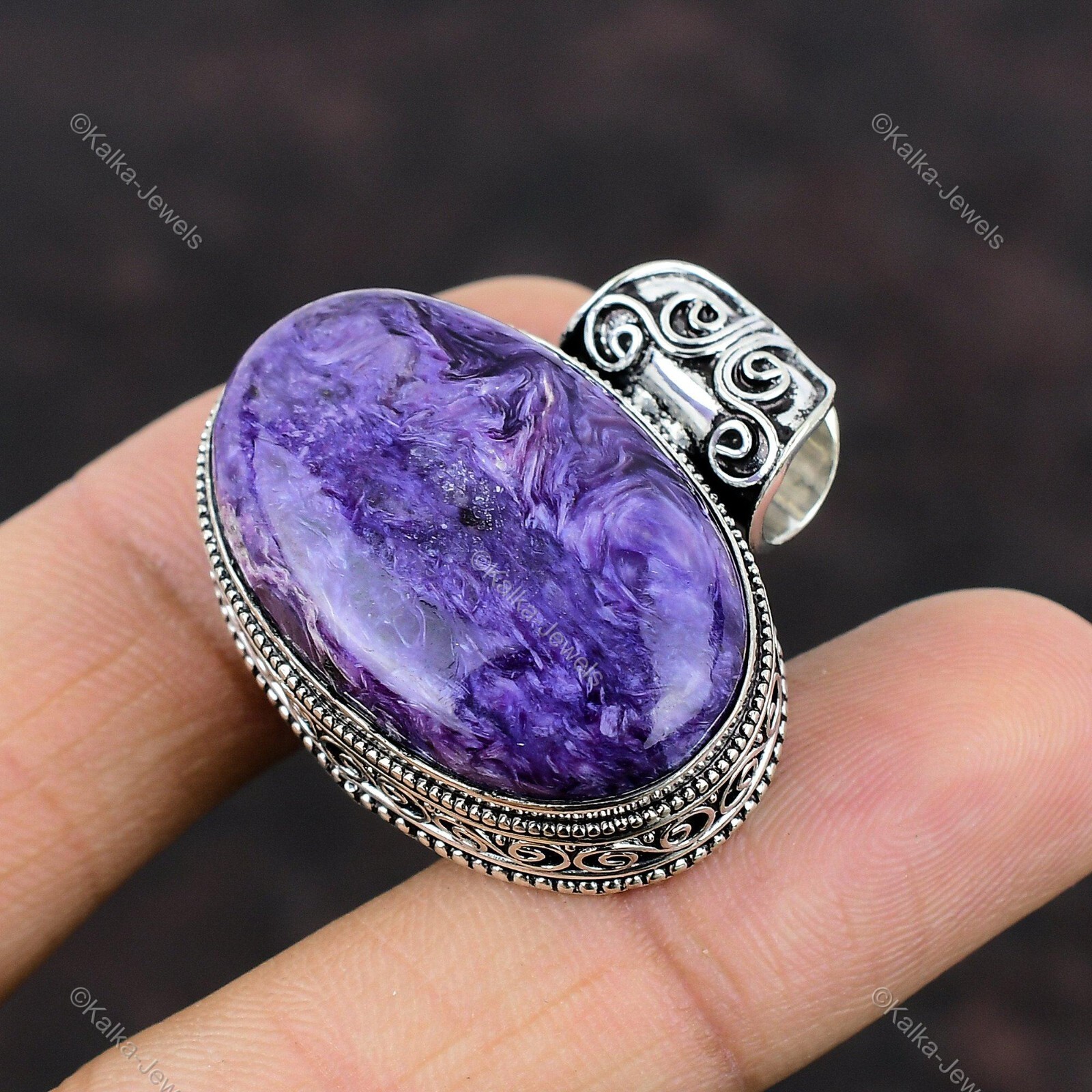 Natural Russian Charoite Gemstone Pendant Vintage Purple 925 Sterling Silver