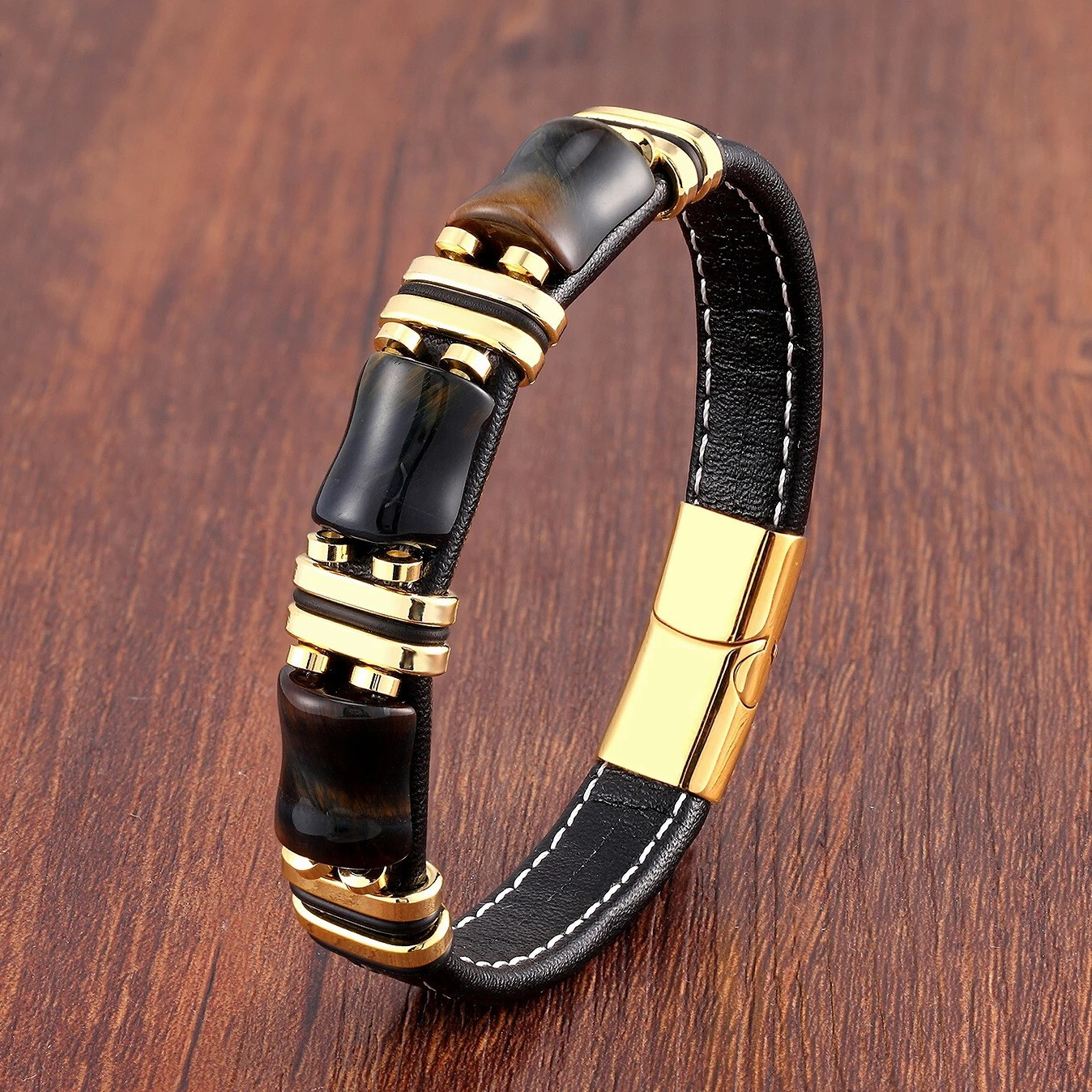 Pulsera De Acero Inoxidable Con Piedra Ojo De Tigre Para Hombre Cadena De Cuero