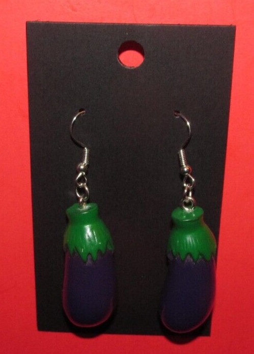 1 1/4″ long Resin 3D Eggplant Egg Plant Pierced Earrings Stainless Steel ~ Emoji