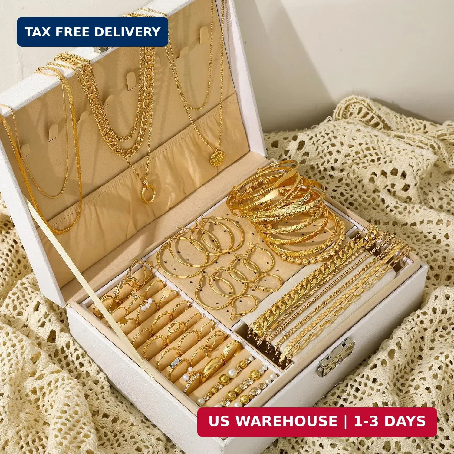 FAXHION 68 Pcs Gold Jewelry Set for Women with 7 Necklace, 17 Bracelet, 5 Hoop E