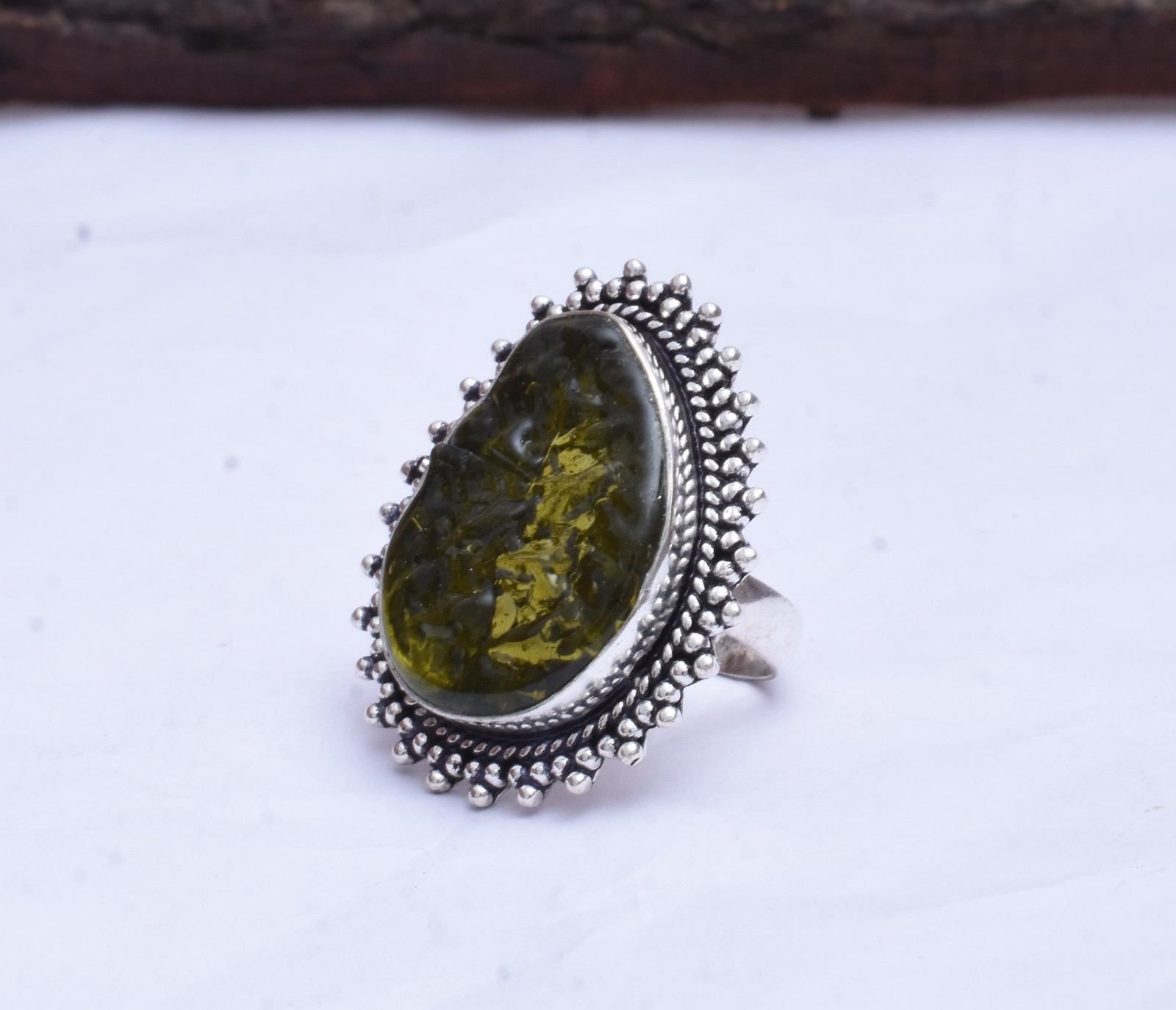 Pleasing Moldavite Gemstone 925 Sterling Silver Handmade Ring U-50