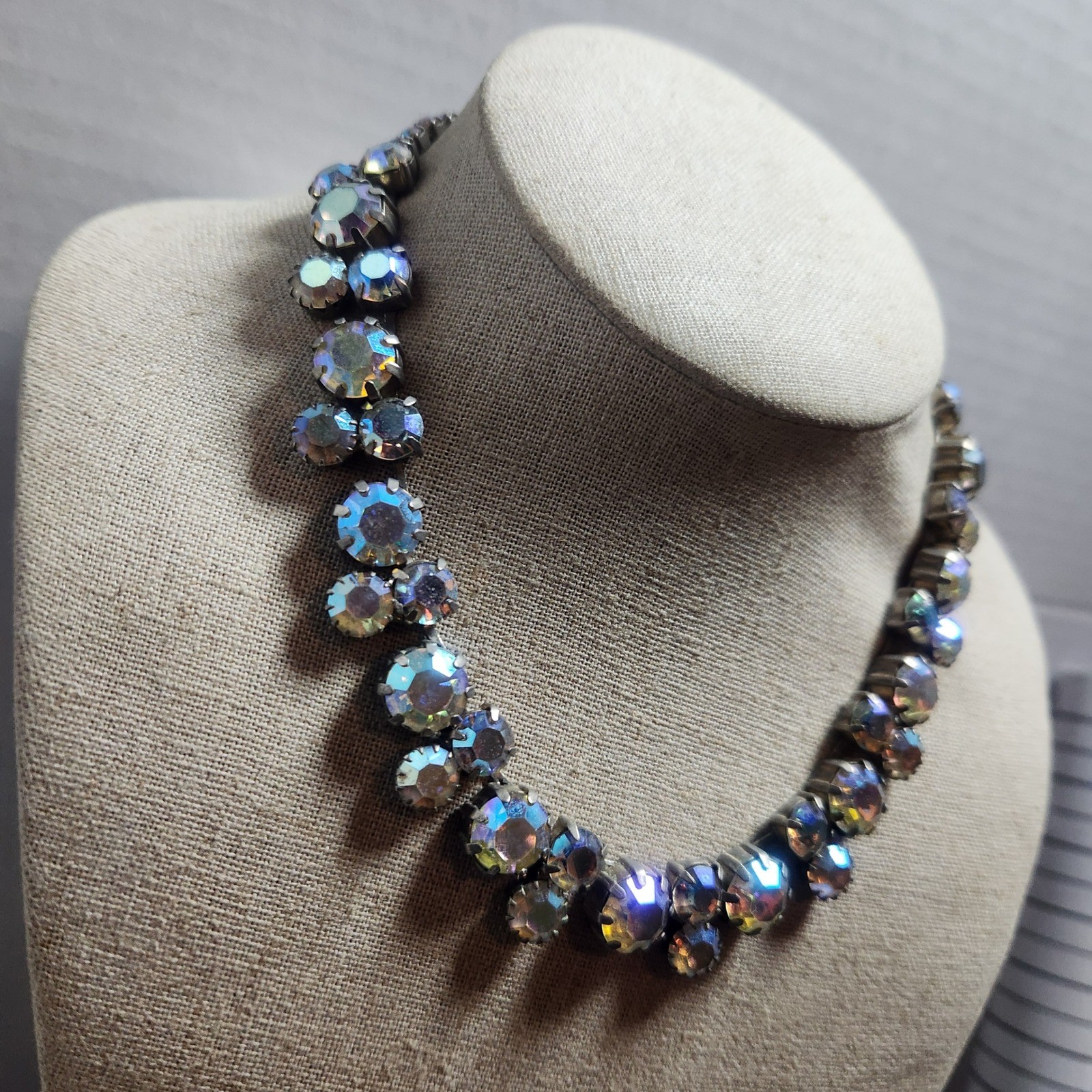 Vintage Aurora Borealis Rhinestone Choker Necklace Silver Tone J-Hook 15.5 Inch