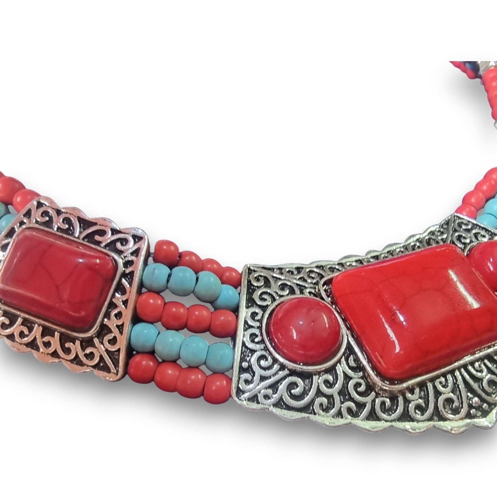 Boho Multi Strand Beaded Statement Necklace Silver Tone Red Faux Turquoise