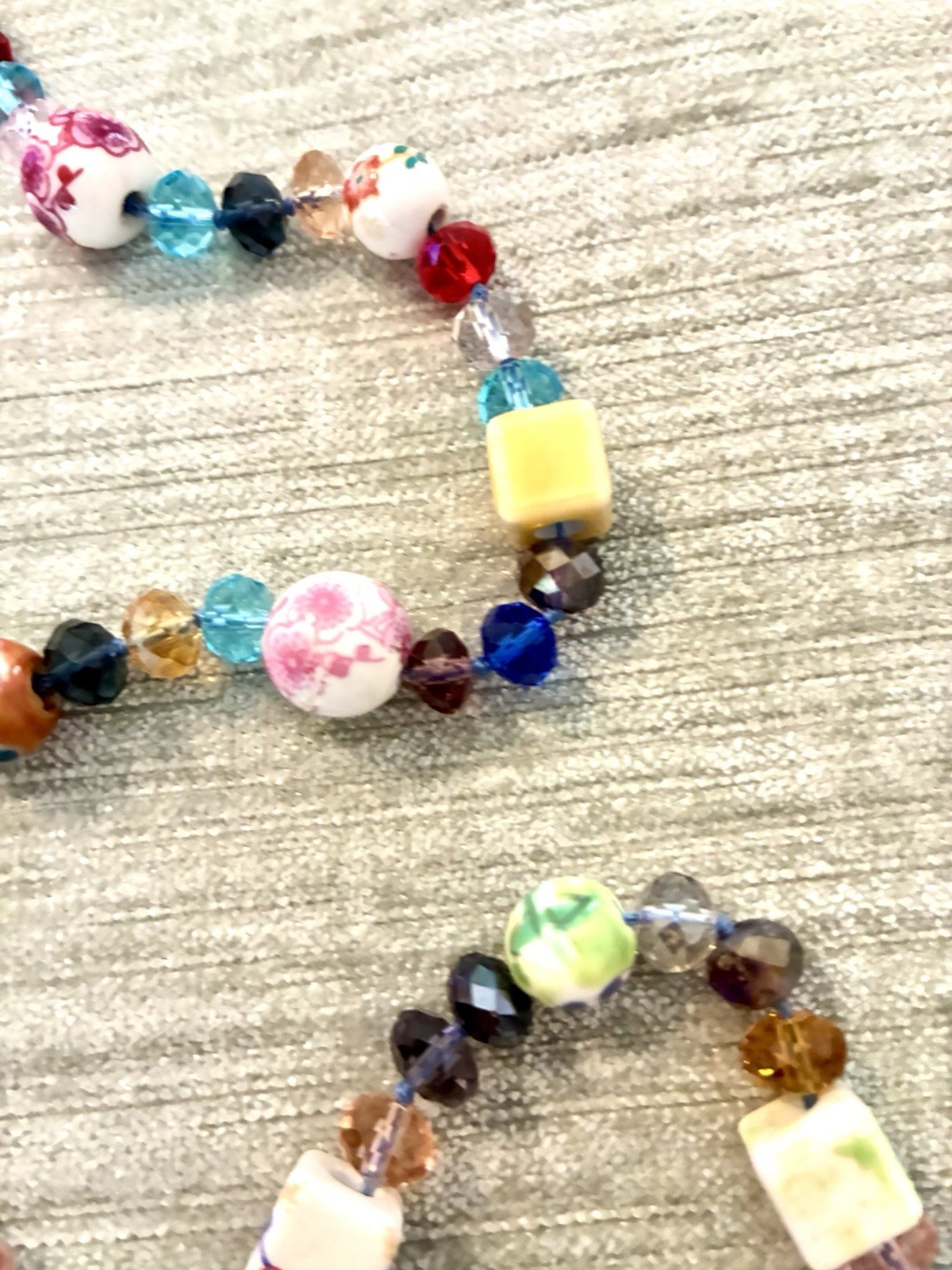 Necklace Colorful Mixed Media~Glass Beads,HandPainted Ceramic Sq/Rnd Beads 22”