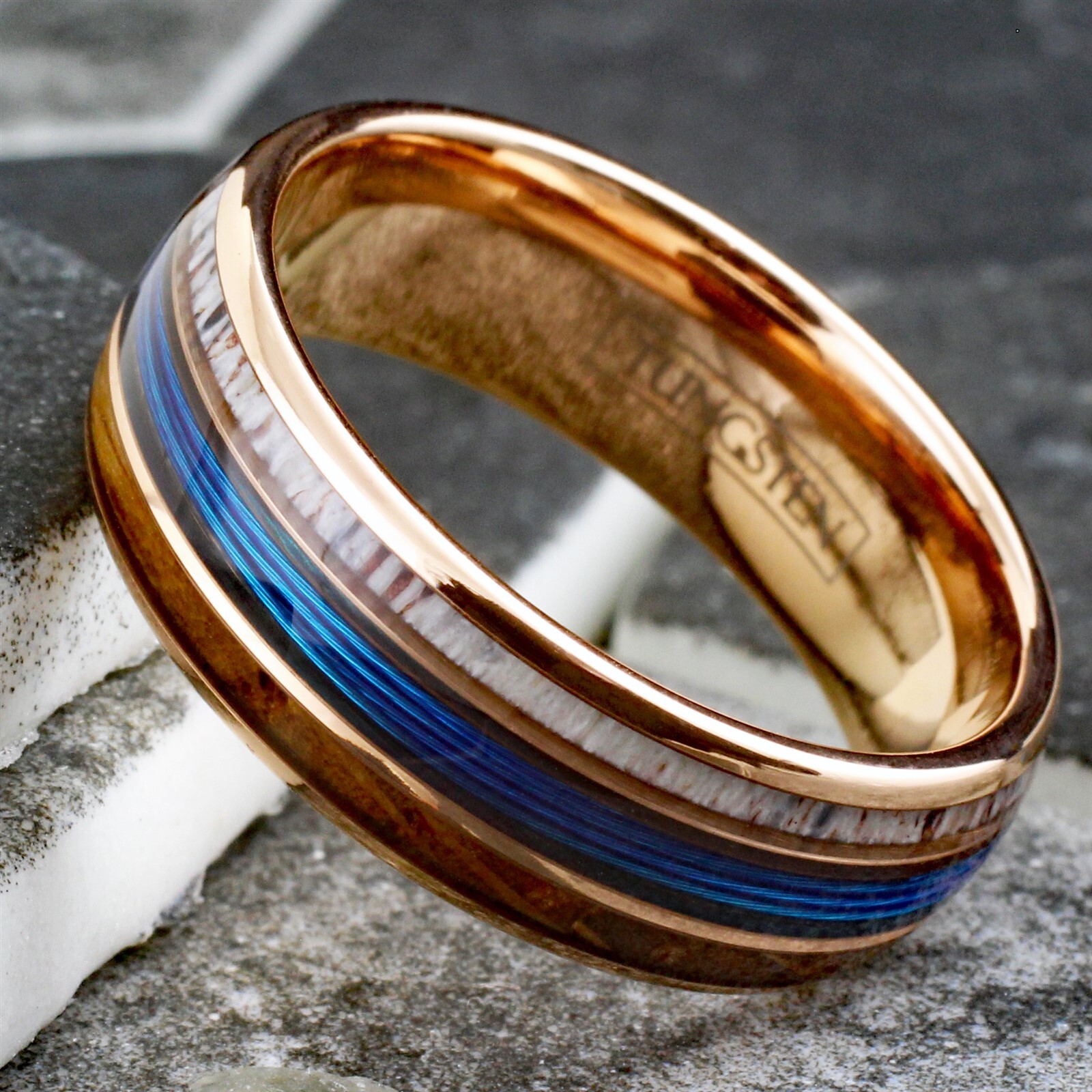 Personalized Tungsten Blue Fishing Line-Whiskey Barrel-Deer Antler Band Ring