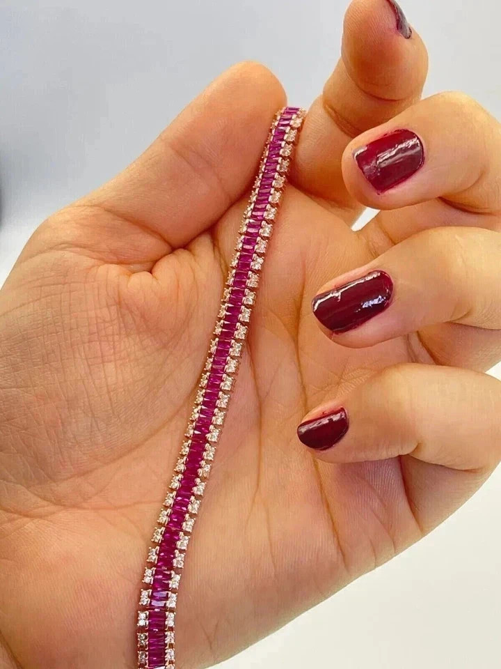 15TCW Baguette Cut Lab Created Ruby & Diamond Tennis Bracelet 14k Rose Gold Over
