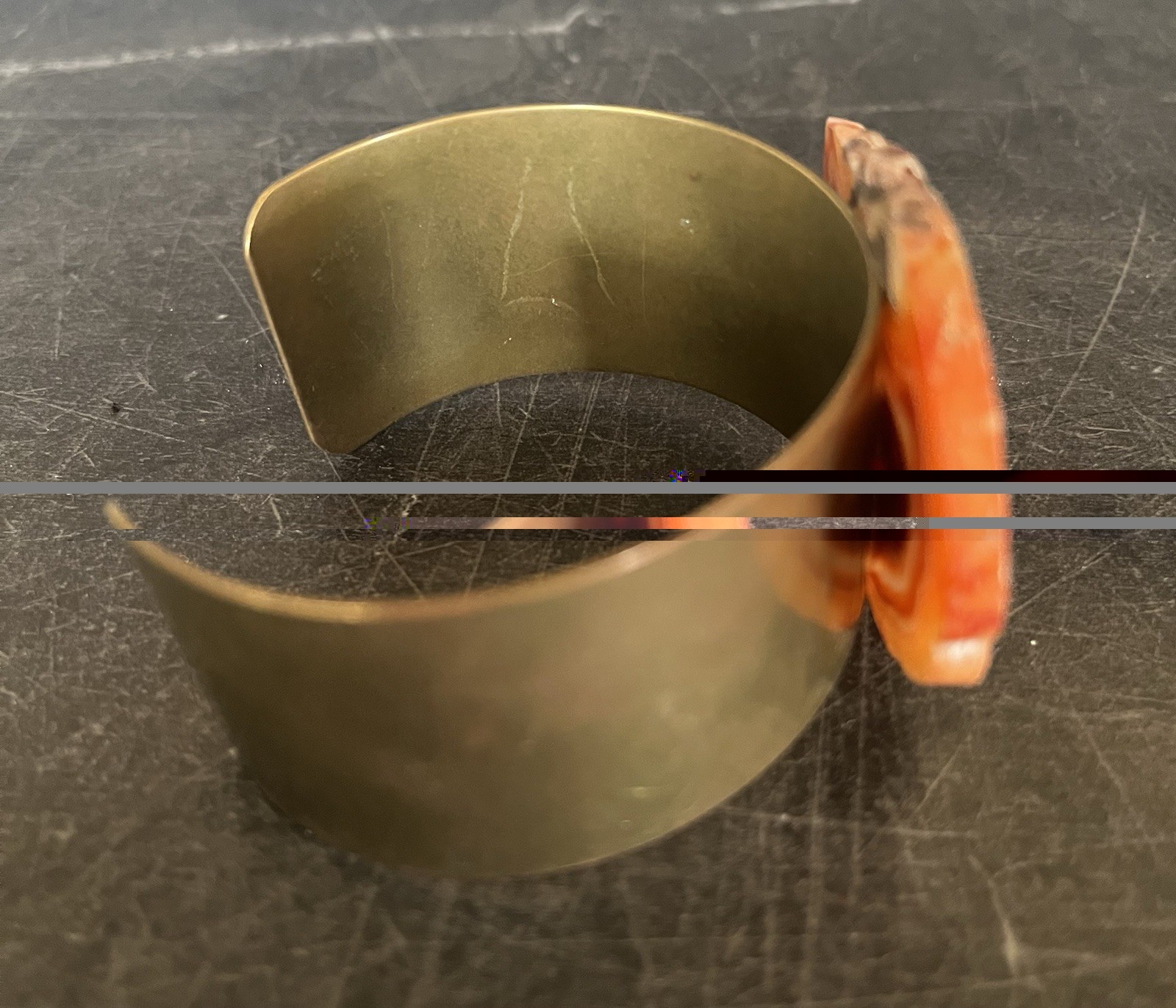 Brass Gold Tone Cuff Bracelet Orange Agate Slice Stone