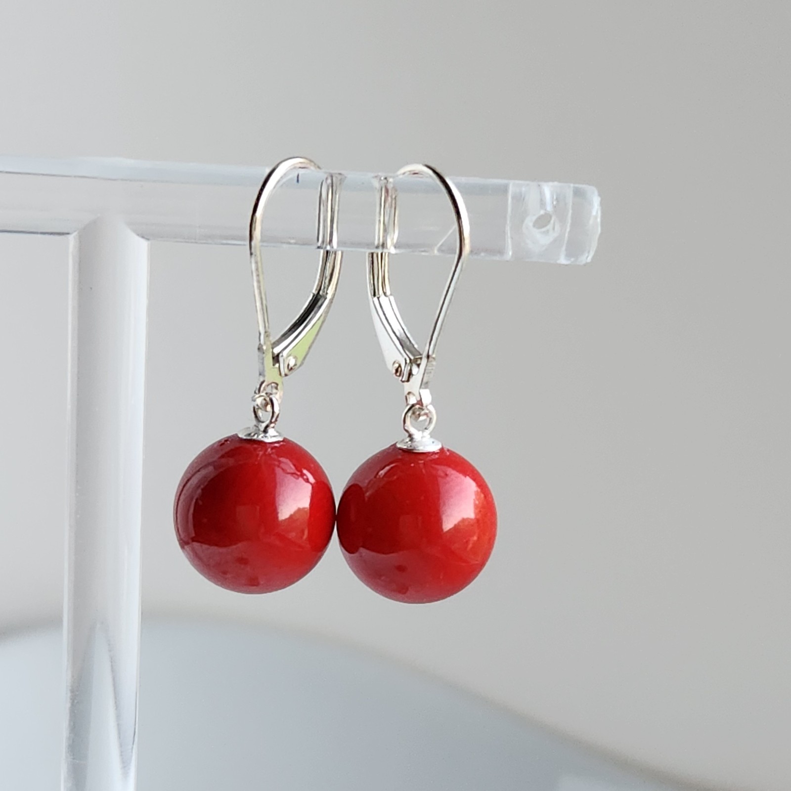 TEAR DROP Round 10.6mm Natural Coral LEVER BACK 1” EARRINGS 925 Silver