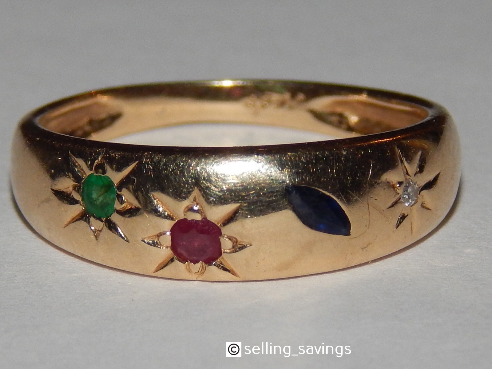 14K YELLOW GOLD RUBY EMERALD SAPPHIRE DIAMOND GYPSY SET 1/4 INCH WIDE BAND RING