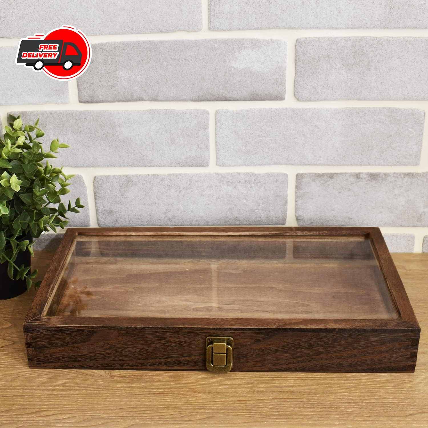 Wooden Jewelry display case with Tempered Glass Top Lid, Brown ,15×8.5×2 Inches