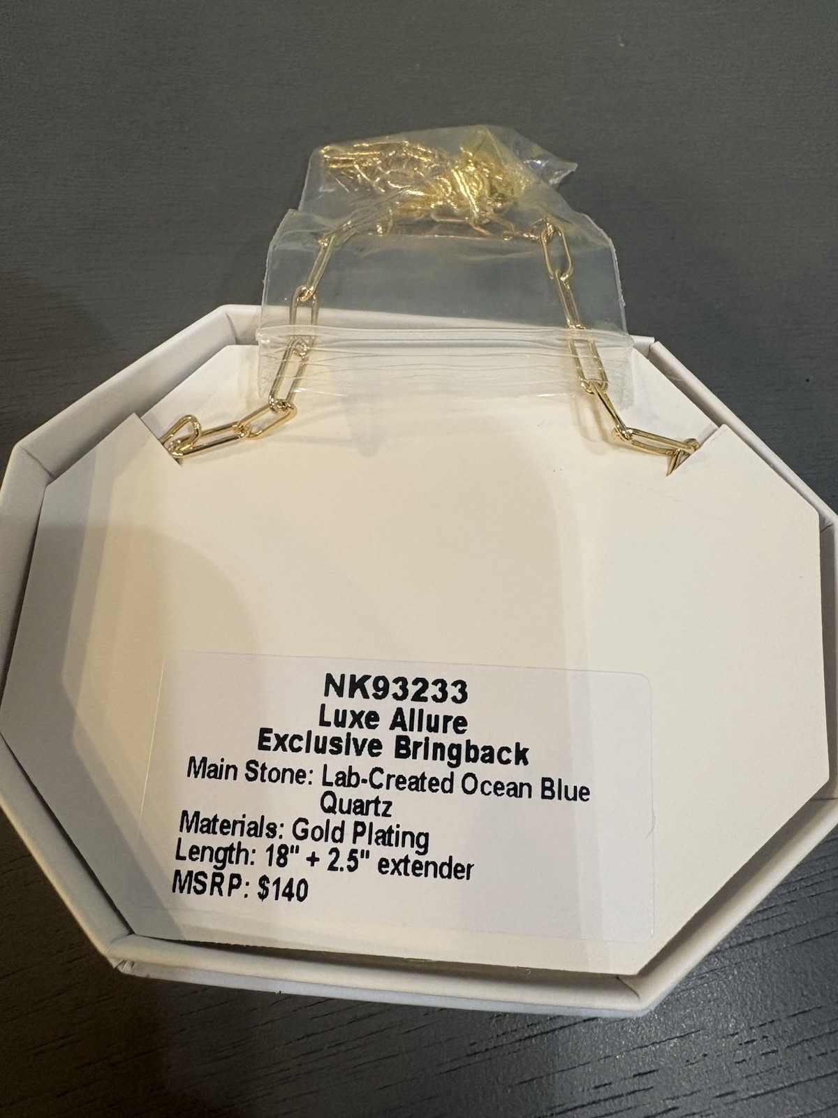 Luxe Allure Gold Plated Lab Blue Quartz Hexagon Charm Necklace 18″ NK93233