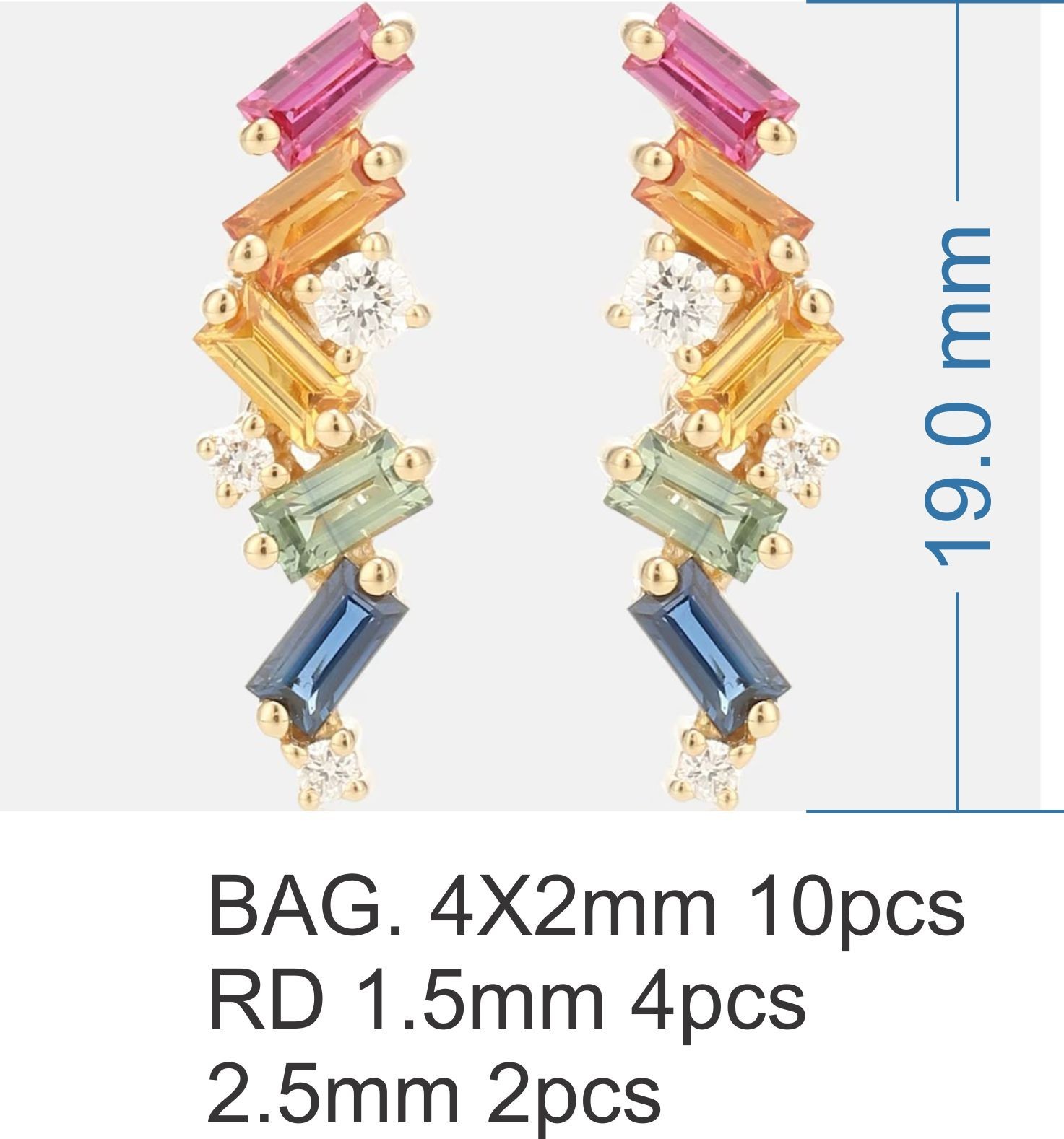 Baguette Cut Lab-Created Multi Sapphire and moissanite Earrings in 925 Silver