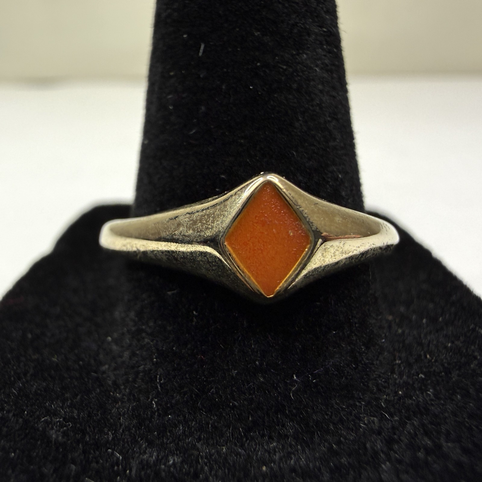 Vintage Style Gold Tone Ring Orange Enamel Inlay Rhombus Design Jewelry Size 9