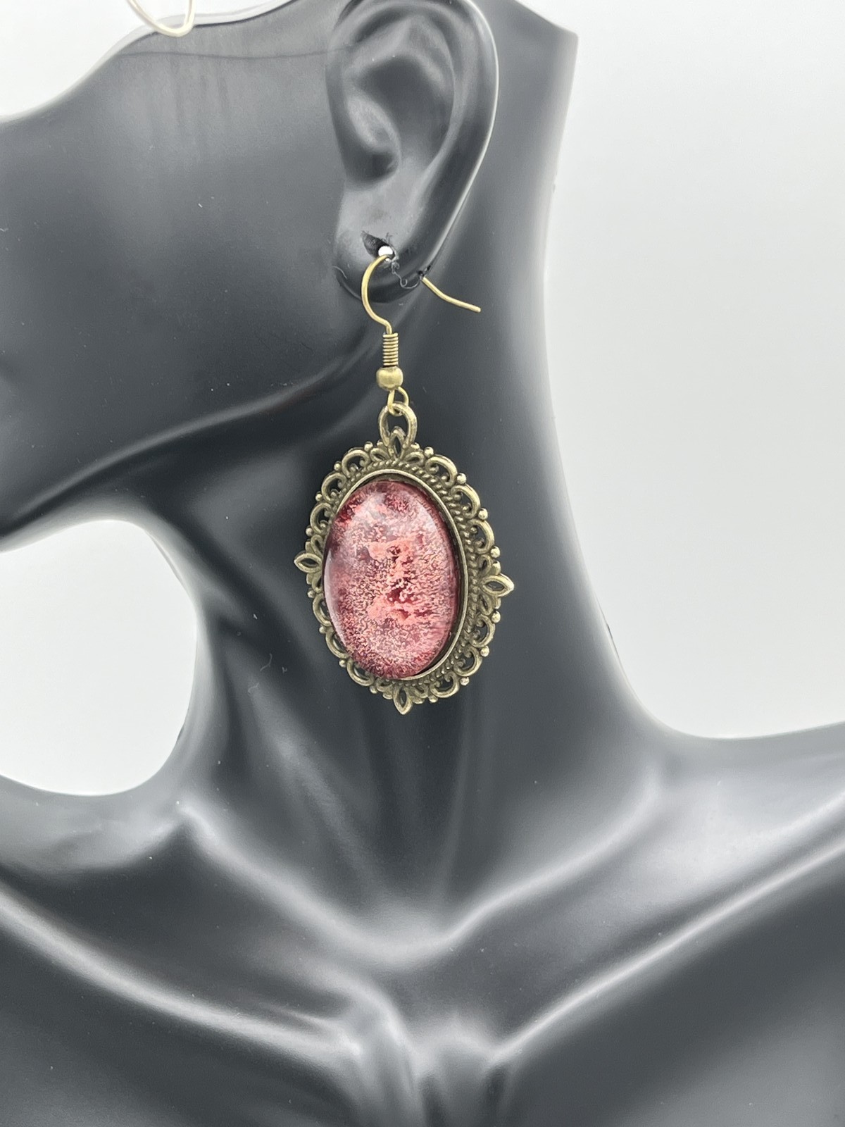 Custom gems in bronze bezel, salmon color and clear earrings, costume jewelry