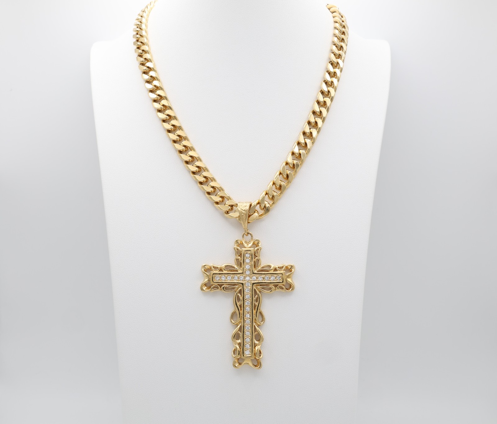 Large Gold CZ Cross Pendant Necklace, 14k Plated, 10mm Cuban Chain Men’s/Women’s