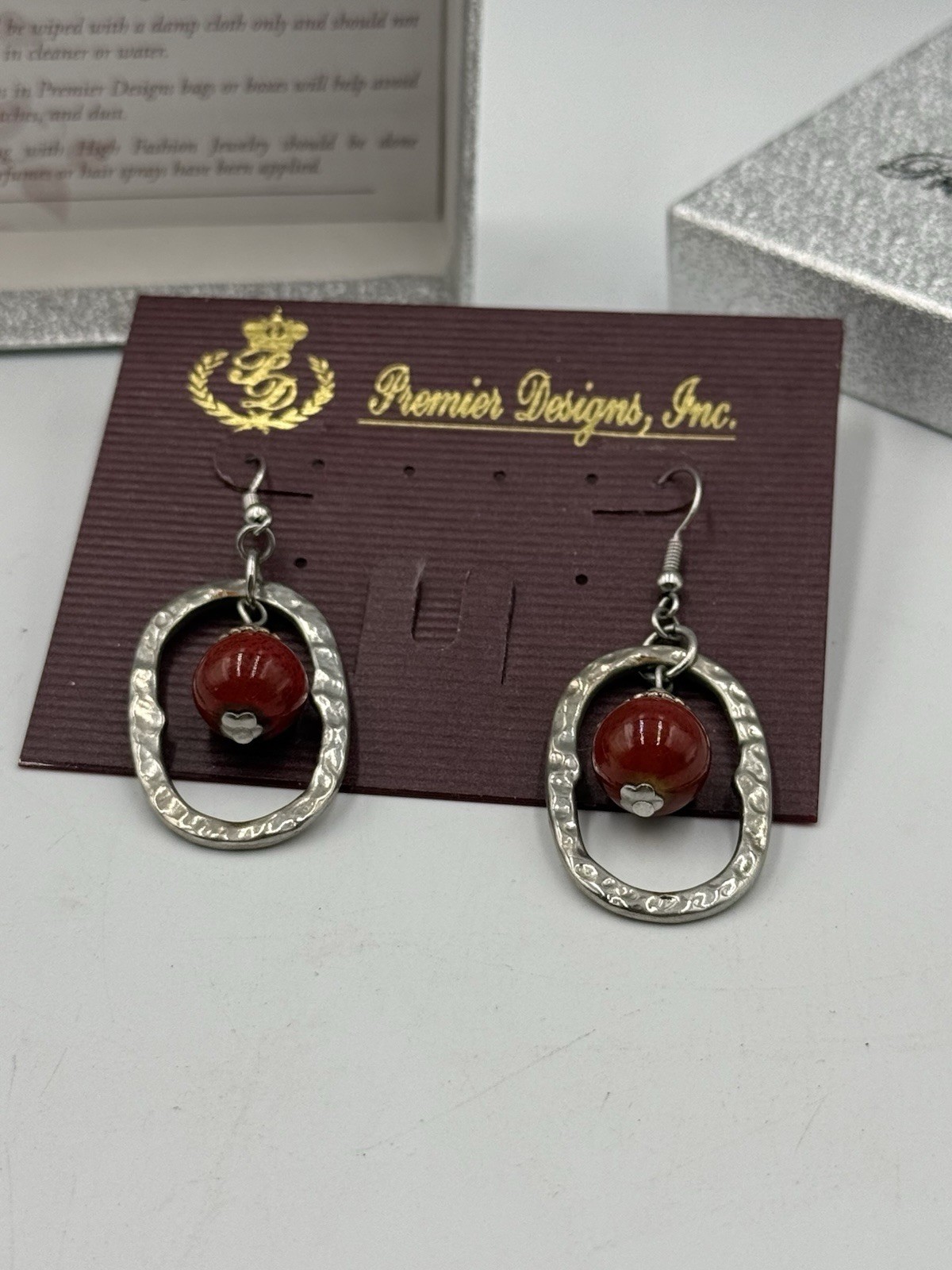 Premier Designs Silver Oval Dangle Earrings Red Stone Bead