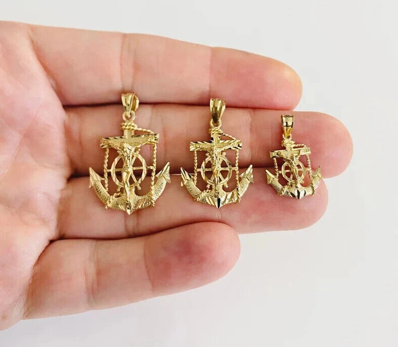 14K Yellow Gold Anchor Mariner Cross Pendant Jesus Christ Crucifix