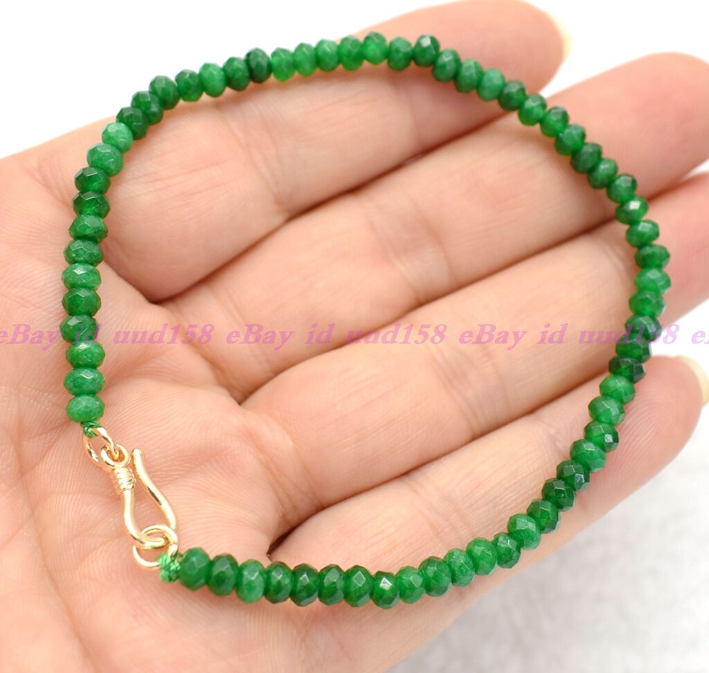 Natural 2x4mm Green Jade Faceted Roundelle Beads Elastic Bracelet 7.5”AAA