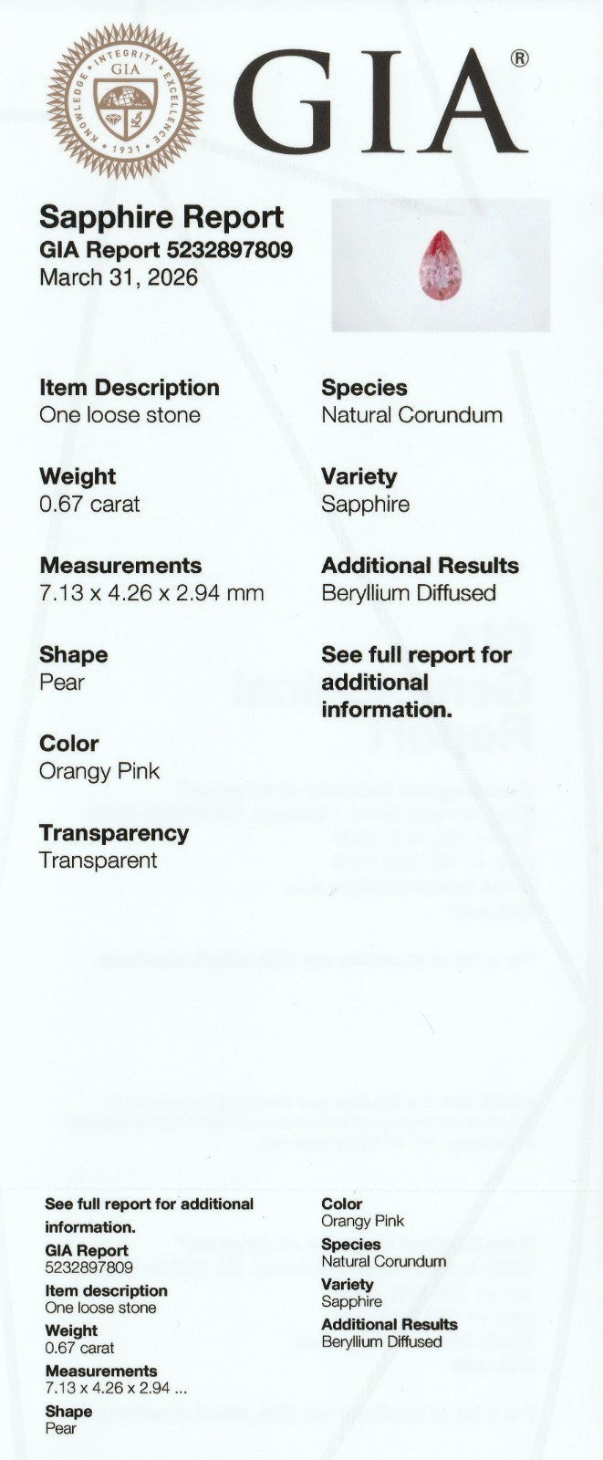 GIA Orangy Pink Sapphire Pear. 0.67 Carats 7.1 x 4.2 mm VSI, Beryllium Diffused