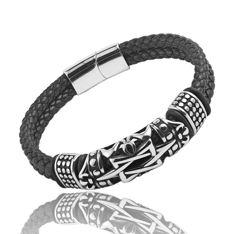 Men’s Hexagram Leather Bracelet Stainless Steel Braided Multi-Layer Cuff Gift