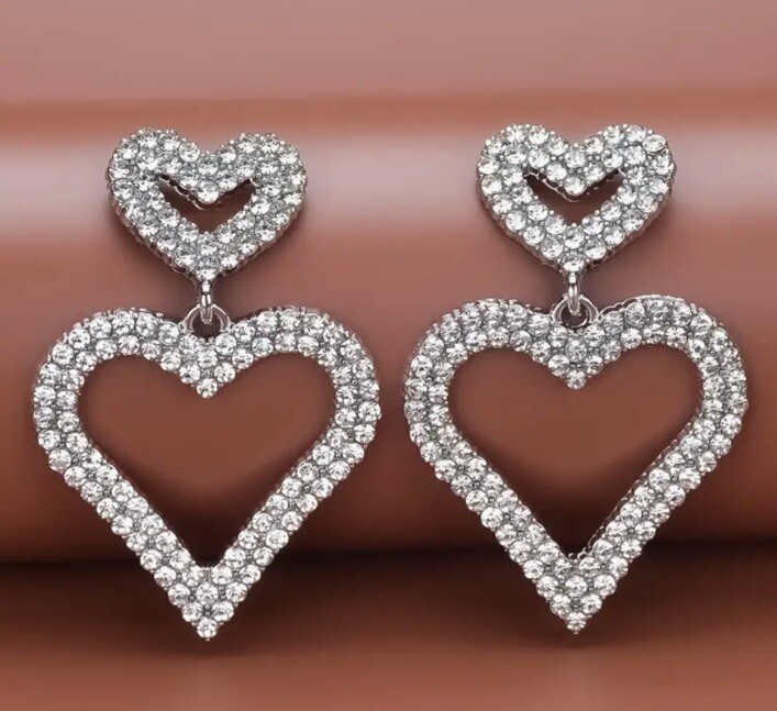 Silver Rhinestone Double Heart Hollowed Dangle Hoop Stud Glamour Earrings