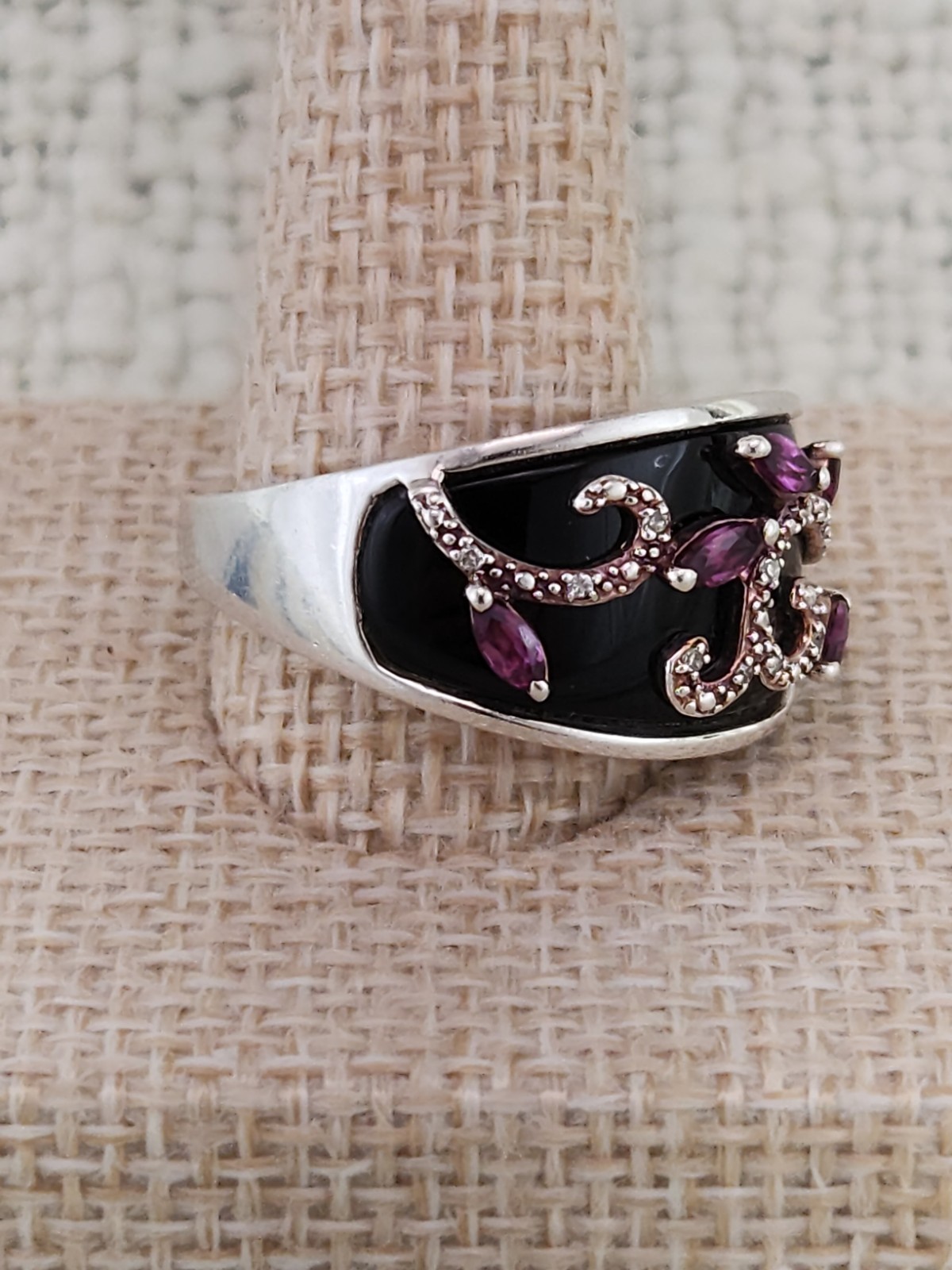 Michelle Albala 925 Sterling Silver Onyx Garnet Diamond Ring Designer Size 7