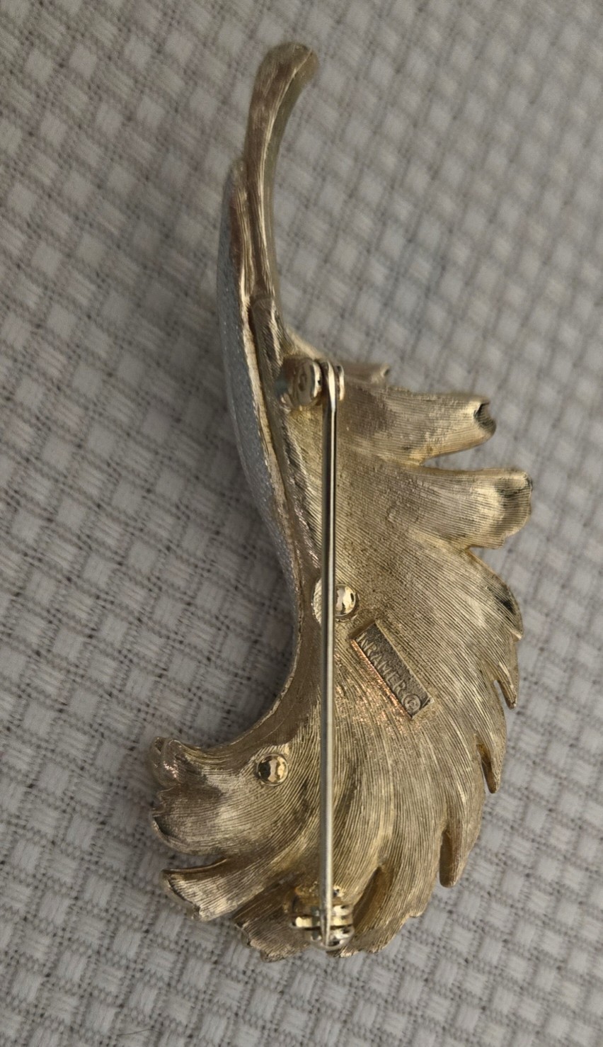 Vintage Kramer NY Gold Silver Tone Leaf Brooch Pin Textured Designer Signed
