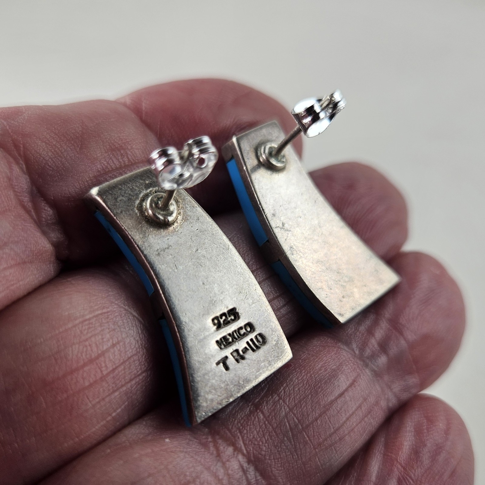 Sterling Silver Earrings Mexican Taxco Turquoise Dangle TR-110 13.0g [9016]