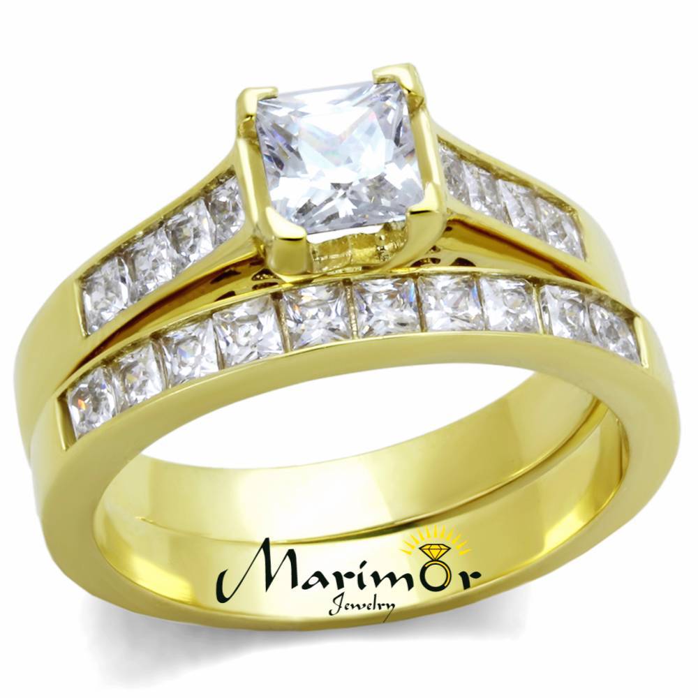 STAINLESS STEEL 2.50 CT PRINCESS CUT ZIRCONIA 14K GOLD PLATED WEDDING RING SET